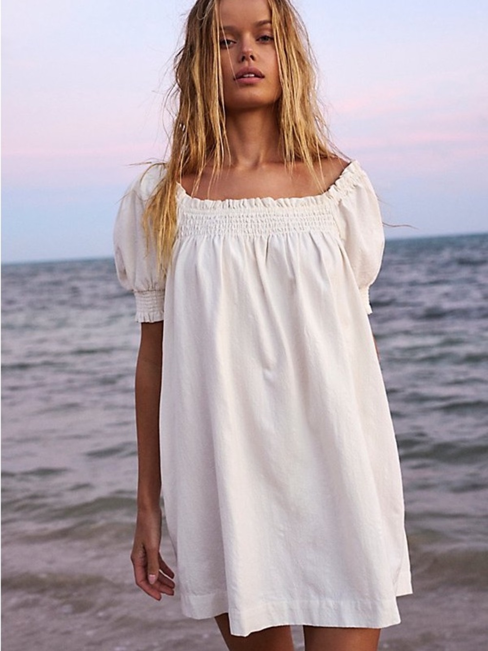 Free People Size M Mila Mini Dress Ivory Smocked Puff Sleeves